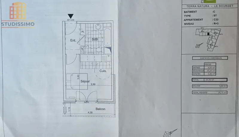 Studio 24m² Le Bourget - Dernier étage, DPE C - Photo 2