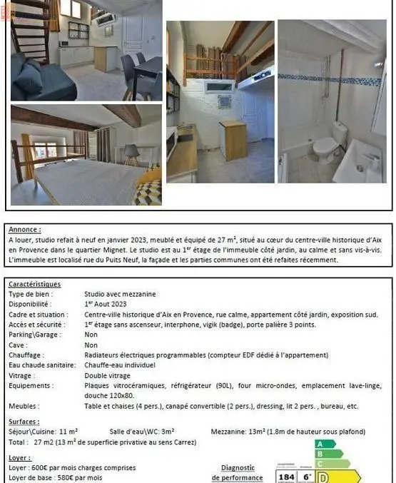 Studio meublé 27m² Aix-en-Provence centre-ville historique - Refait à neuf, équipé - Photo 2