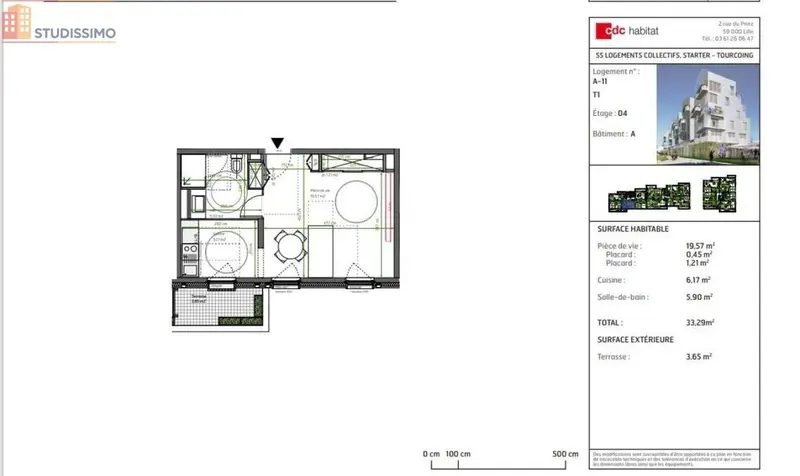 Studio 33m² Tourcoing - Étage élevé, DPE C - Photo 2