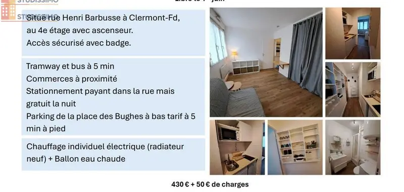 Studio meublé 20m² Clermont-Ferrand - Rénové, ascenseur - Photo 2